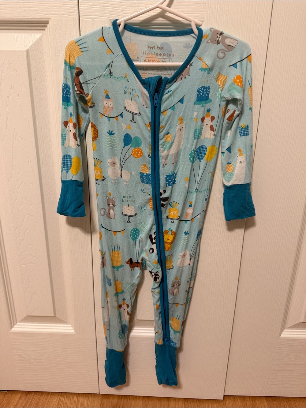 Little Sleepies Sky Blue Animal Birthday Zip Footed One-Piece